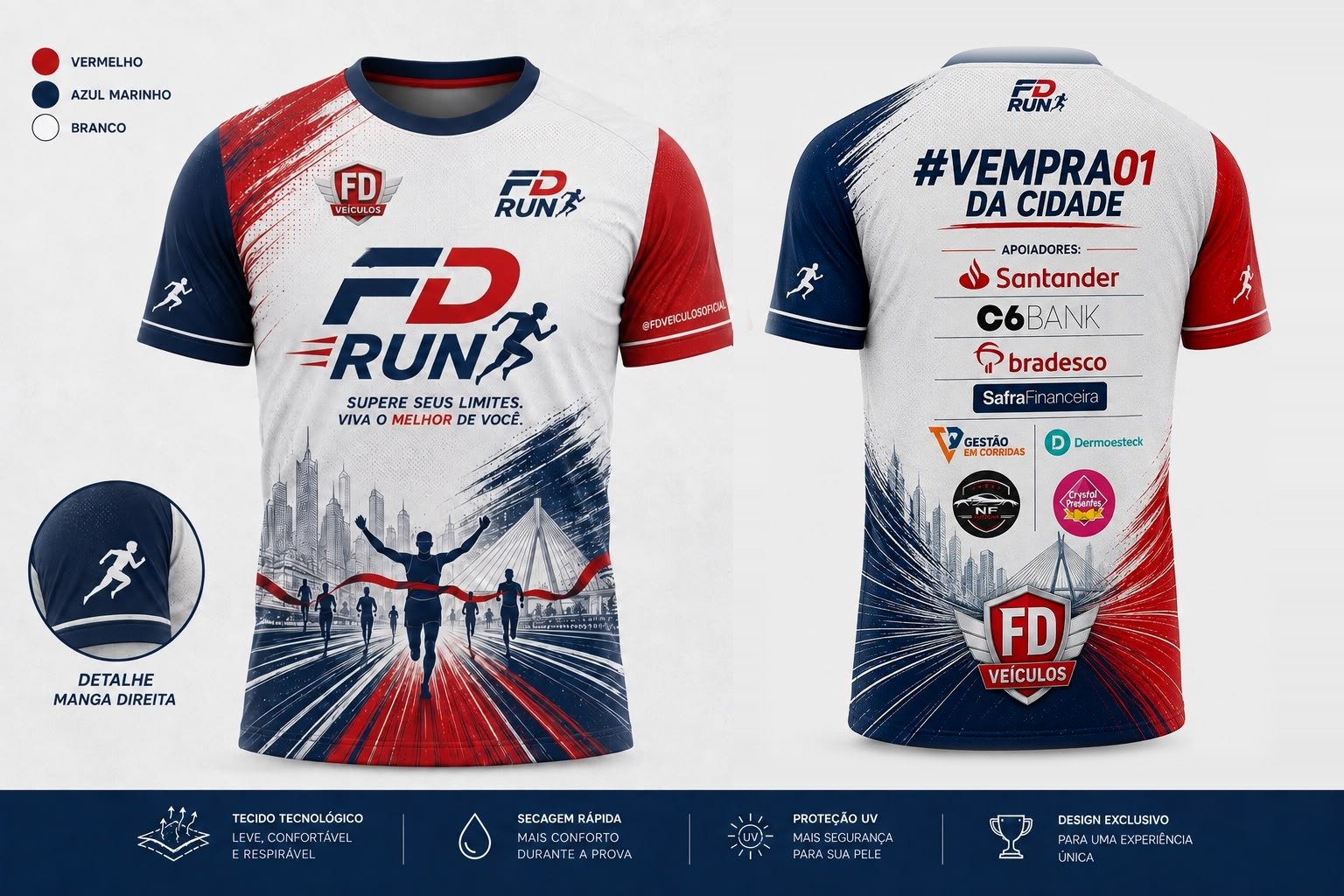 Camisa oficial FD Run 2026 — frente com a marca FD Run e verso com a hashtag #VEMPRA01 da cidade e os apoiadores do evento